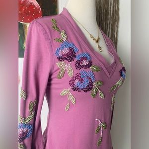 Jesse Clothing spring top double v neck long sleeve pink floral embroidered top